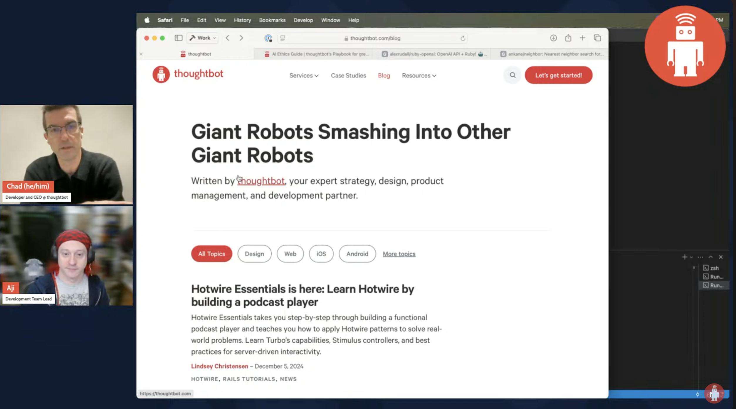 A screenshot showing picture thumbnail of two people by the left and a webpage by the right.