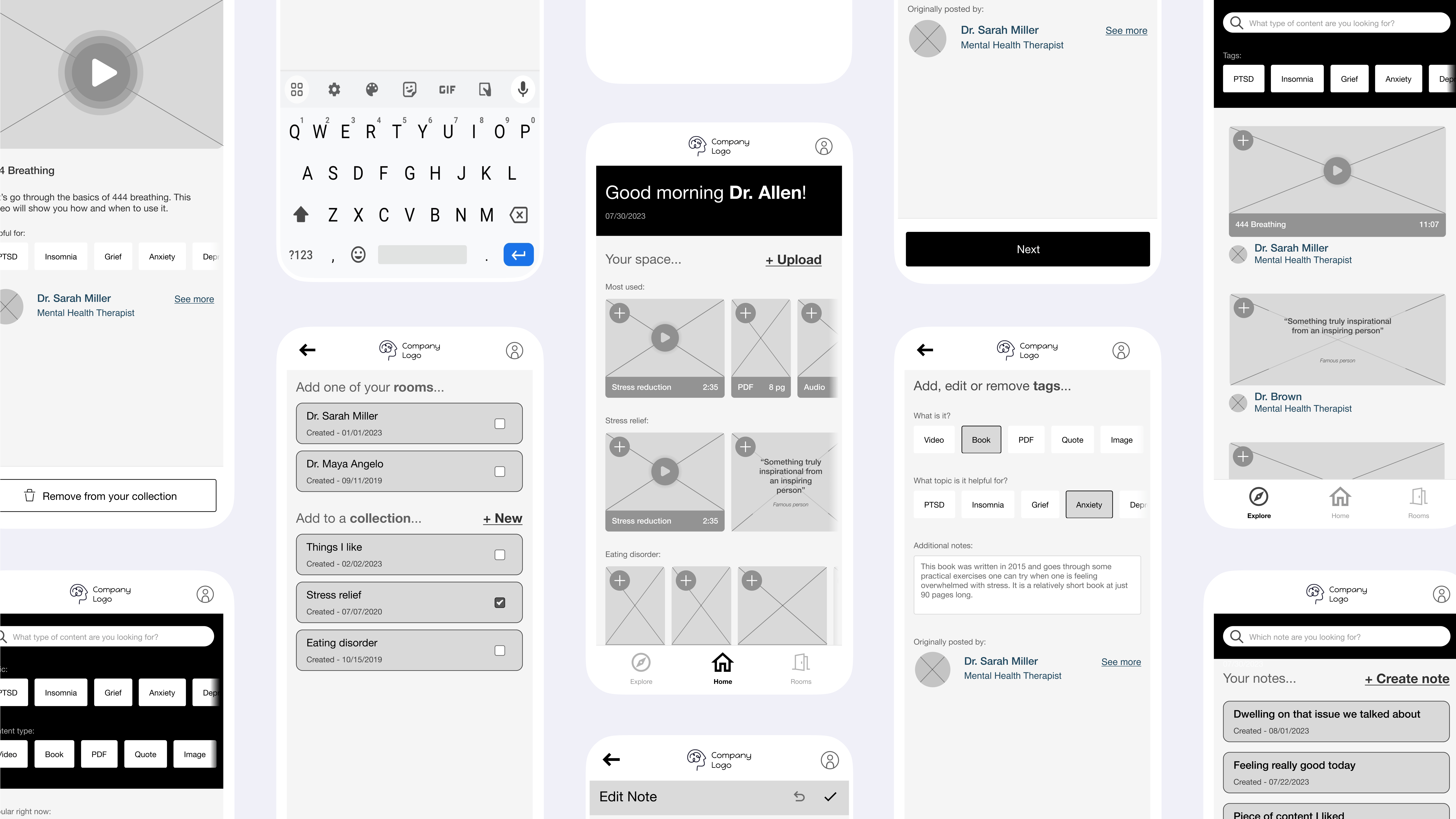 A grid of screenshots of the Adrienne Allen app prototype in black and white.