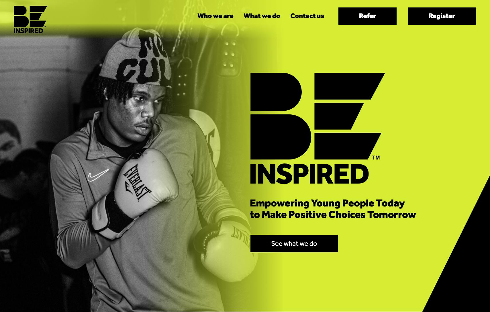 A screenshot of a boxer on the hero section of Be inspired's new website