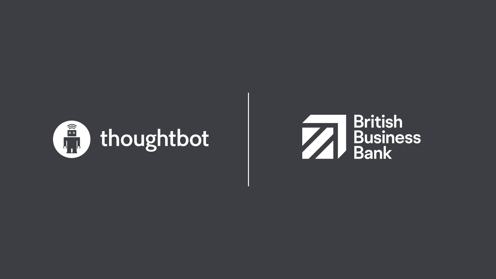 The thoughtbot logo and the British Business Bank logo with a line separating them on a dark background