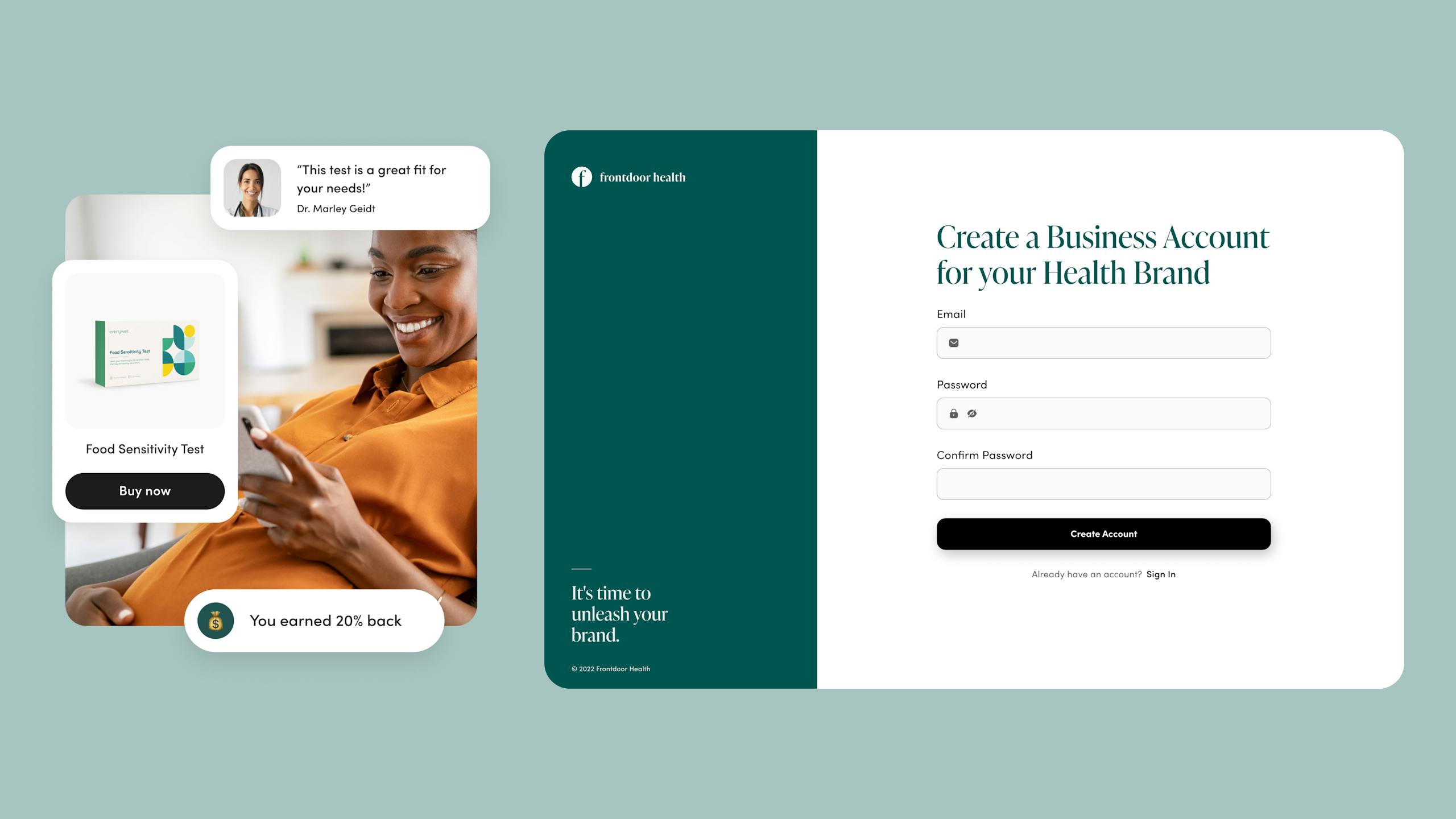 Frontrow Health login screen with an image of a customer interacting with the app.