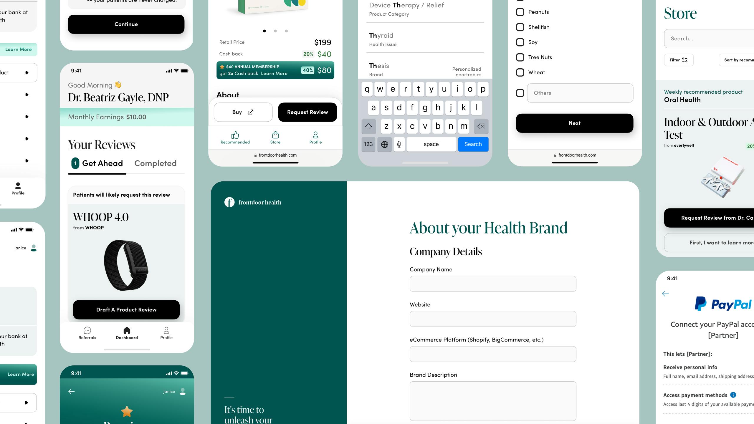A selection of Frontrow Health screens, both mobile and desktop, arranged on a grid with a green background.