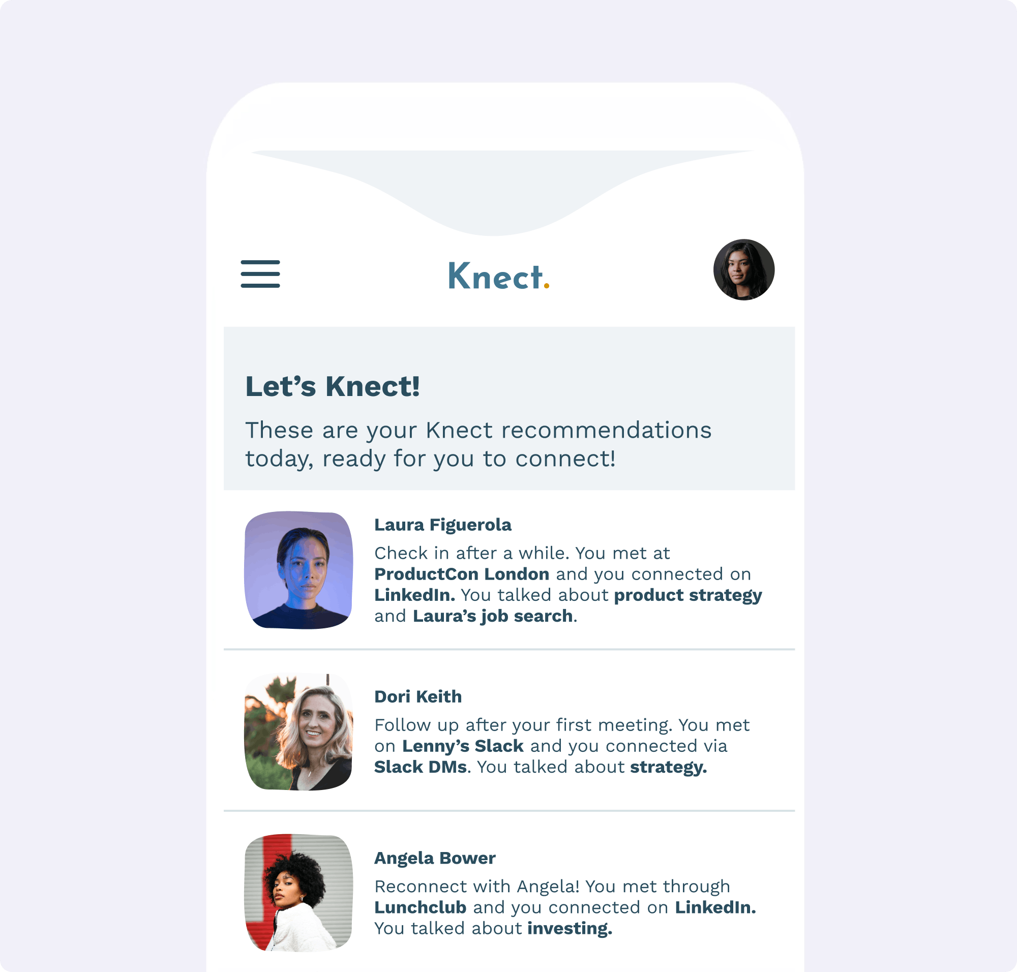 Screenshot of the Knect mobile prototype showing the inbox of recommendations to connect with.