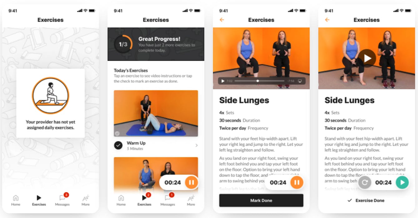 Images of therapy exercise video screens in the Airrosti Remote Recovery app