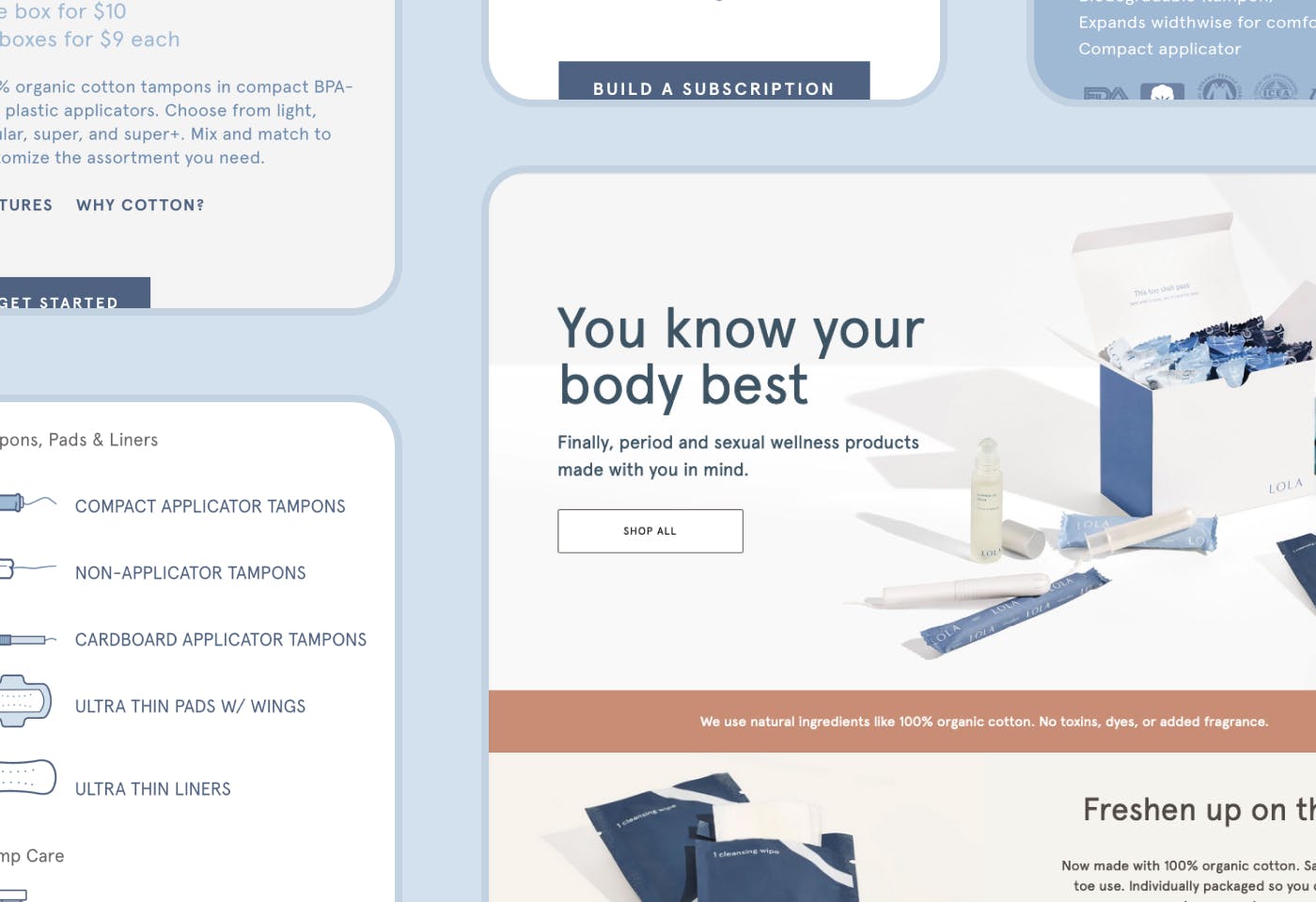Screenshots of the Lola website product arranged in a grid. The main text is "You know your body best"