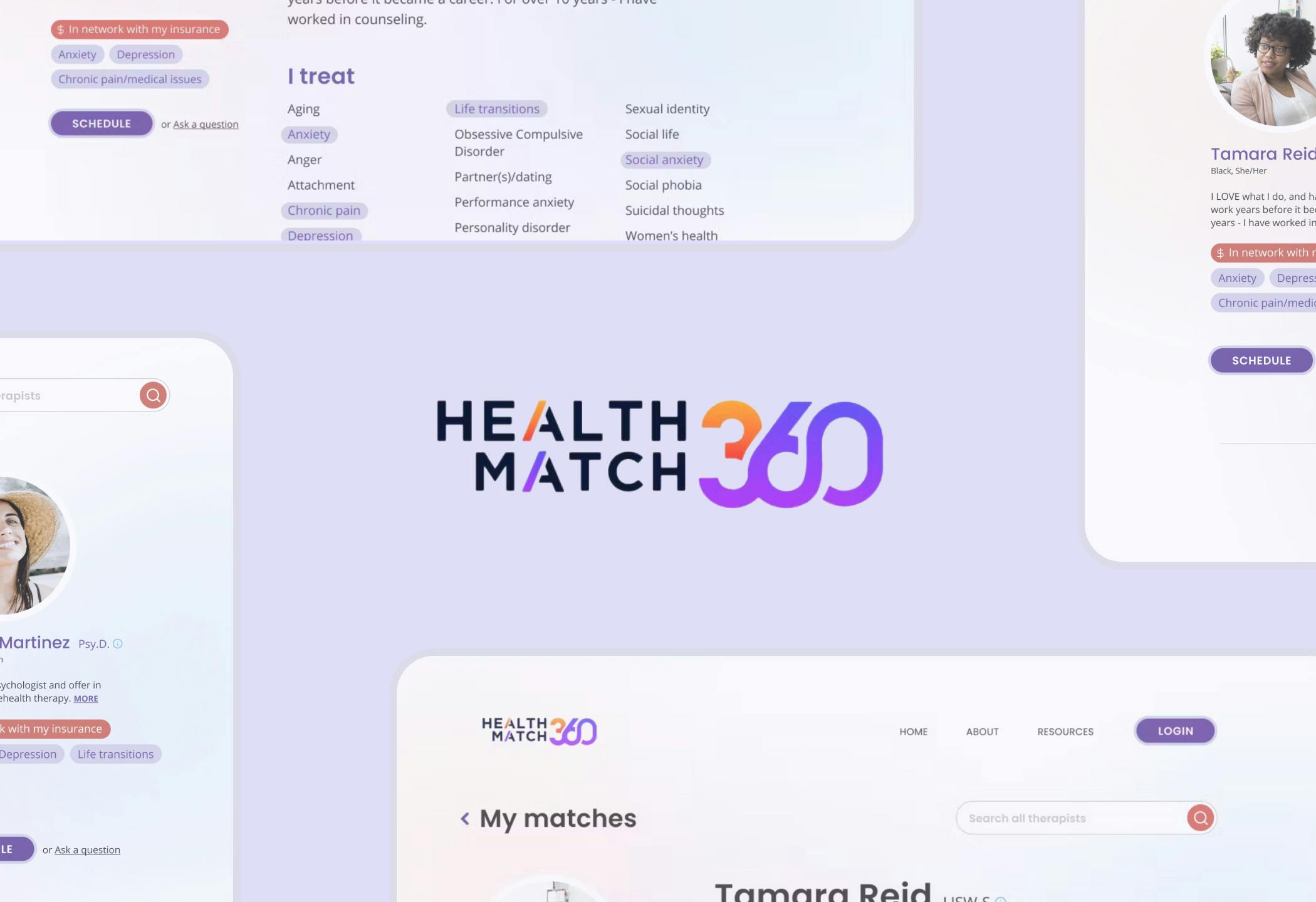 Health Match 360 logo surrounded by four screenshots of the application that are cut off.