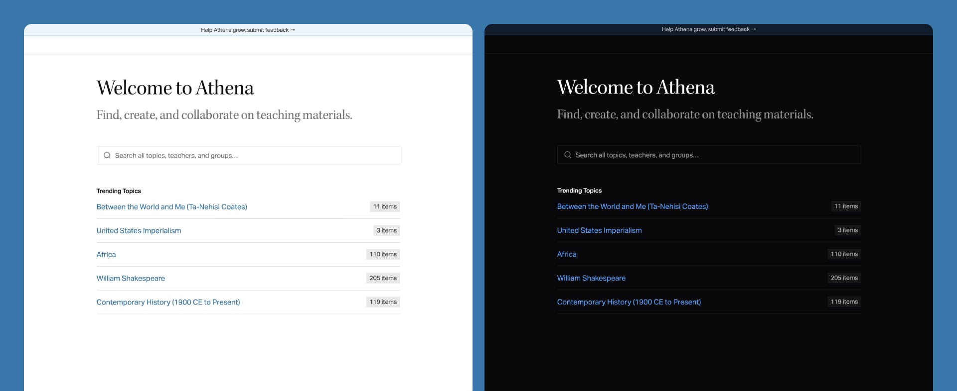 Two screenshots of the Athena homepage, one in the light theme and one in the dark theme.