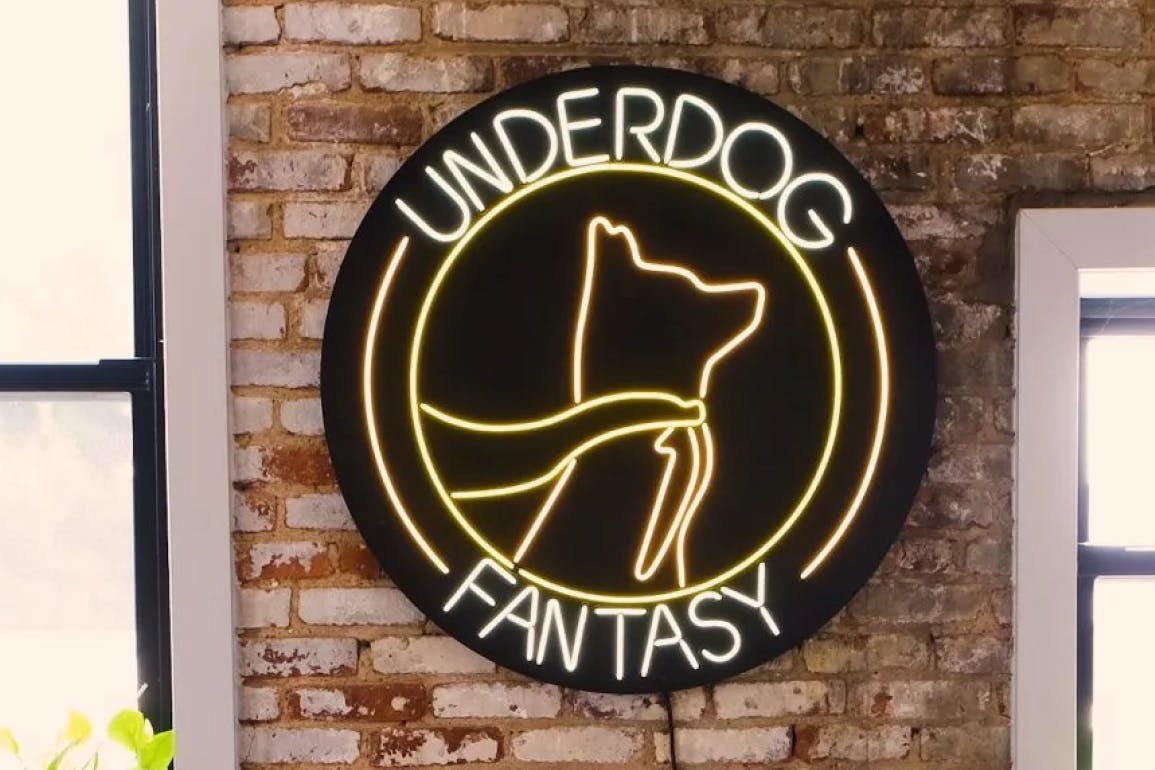 Image of a neon light that contains underdog fantasy's logo