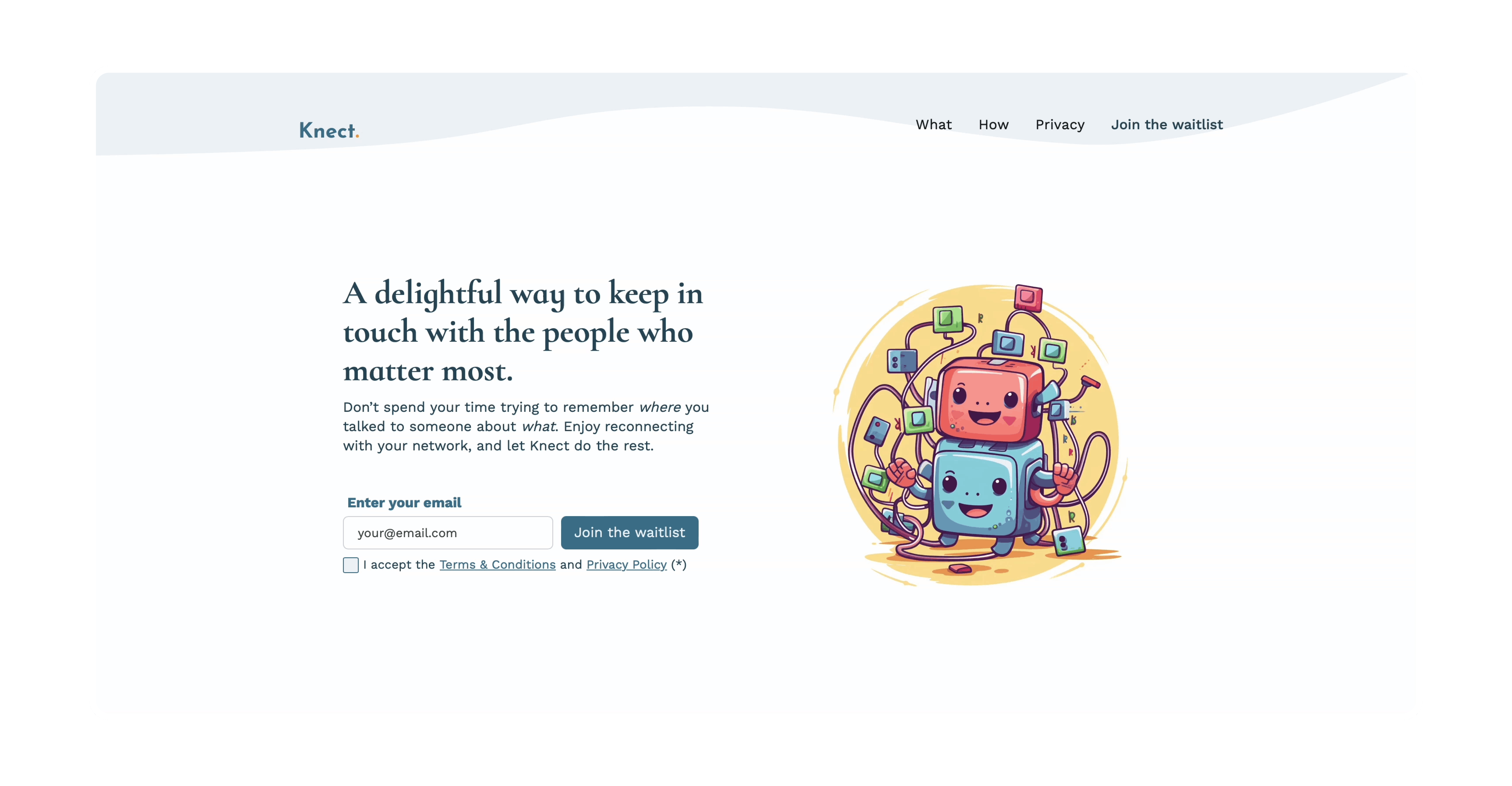 Knect website with text "A delightful way to keep in touch with the people who matter most".