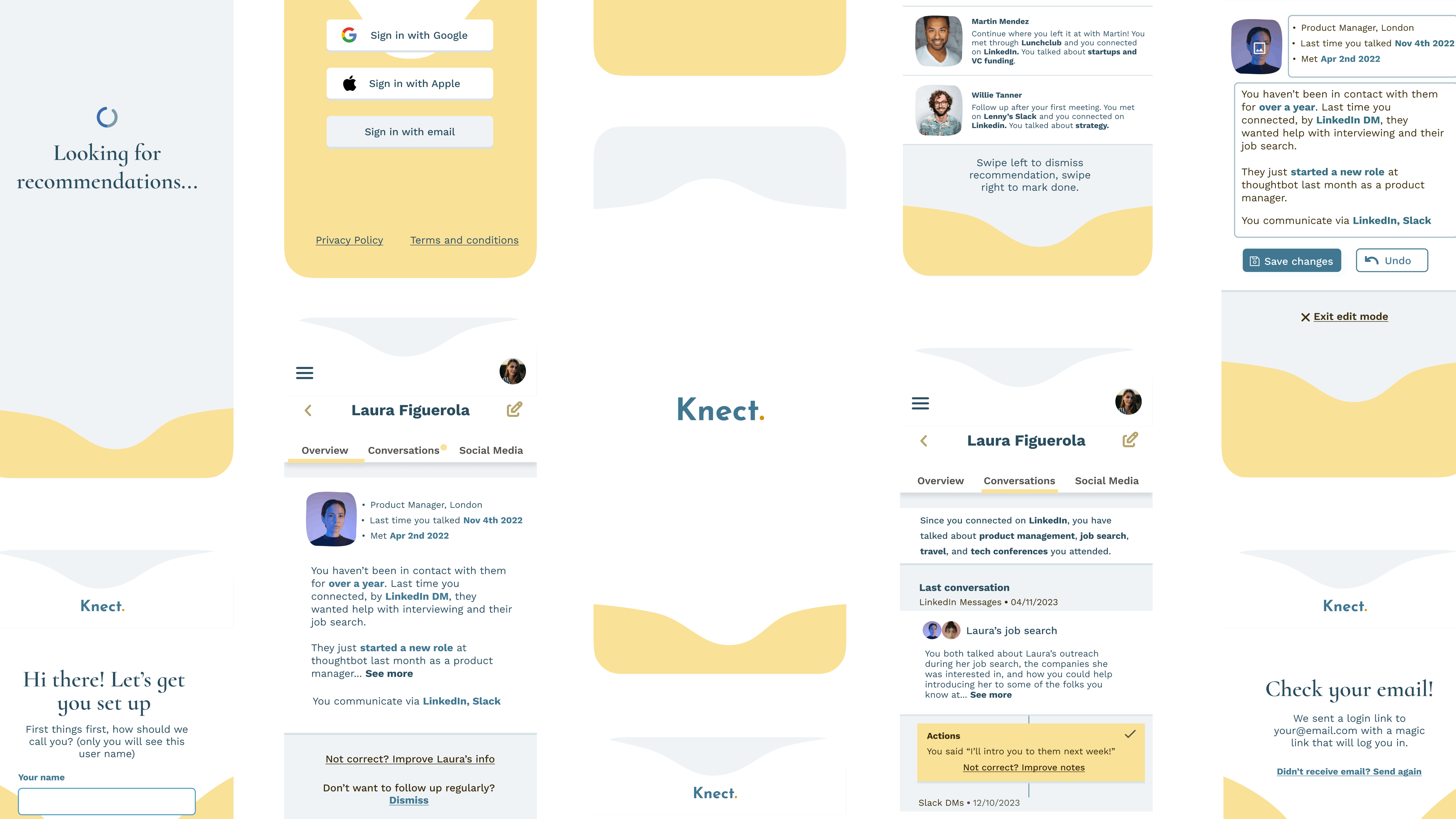 Screenshots of the Knect proof-of-concept prototype.