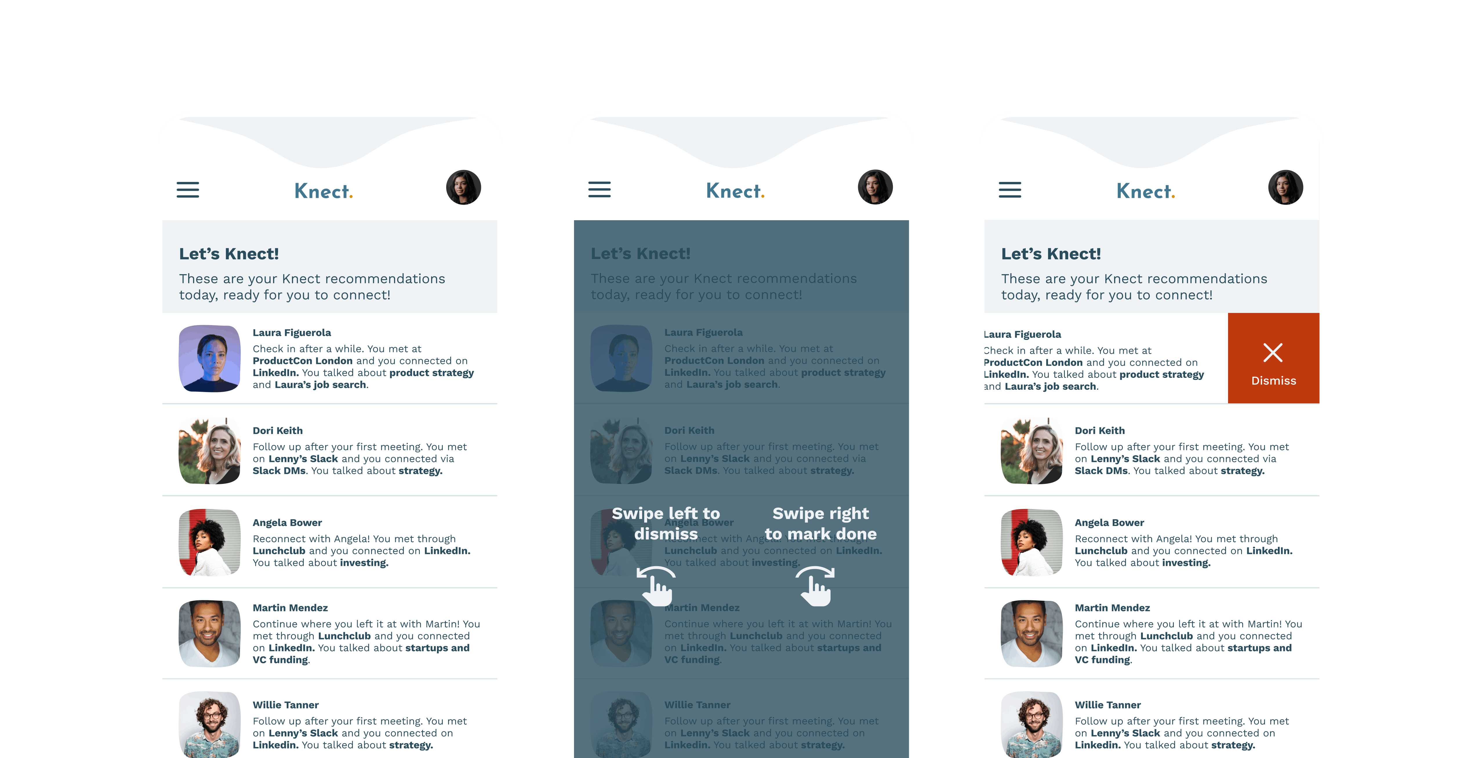 Screenshots of the Knect mobile app with recommendations of people to reconnect with.