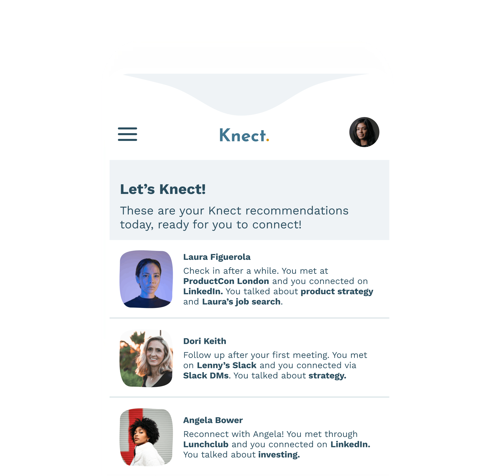 Screenshot of the Knect mobile prototype showing the inbox of recommendations to connect with.