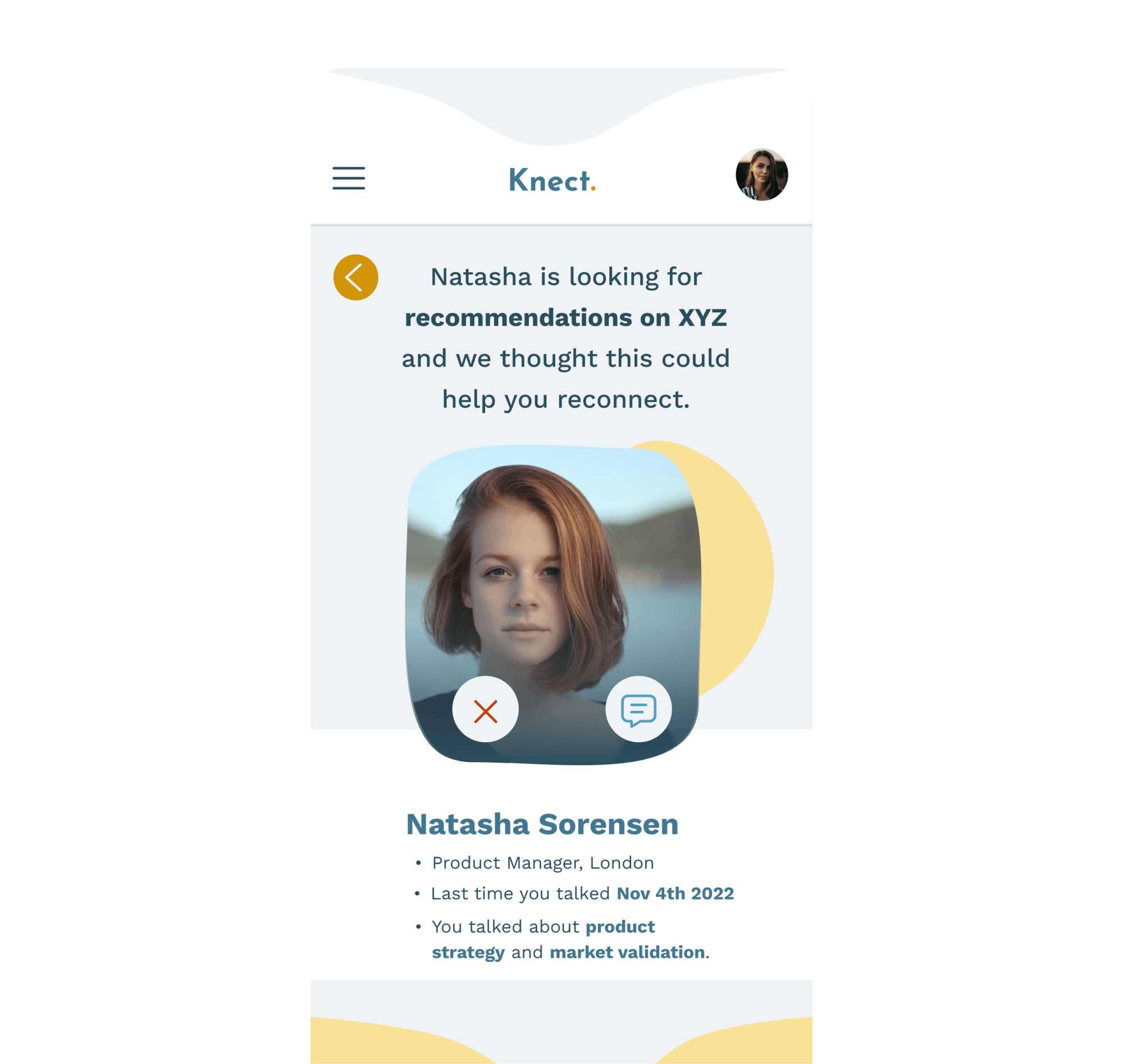 Screenshot of the Knect mobile prototype showing the a recommendations to connect with.