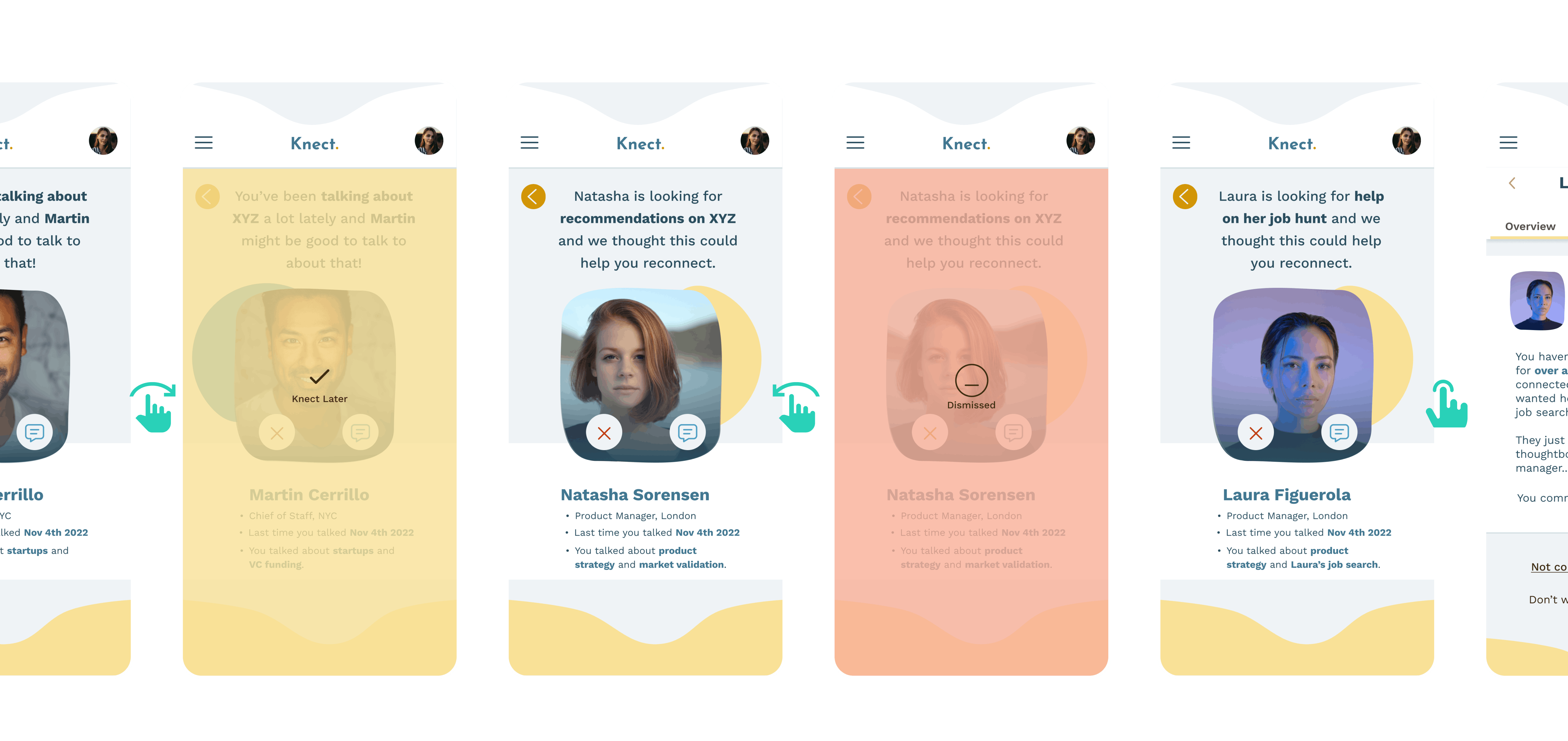 Screenshots of the Knect prototype, showing different recommendations to connect.
