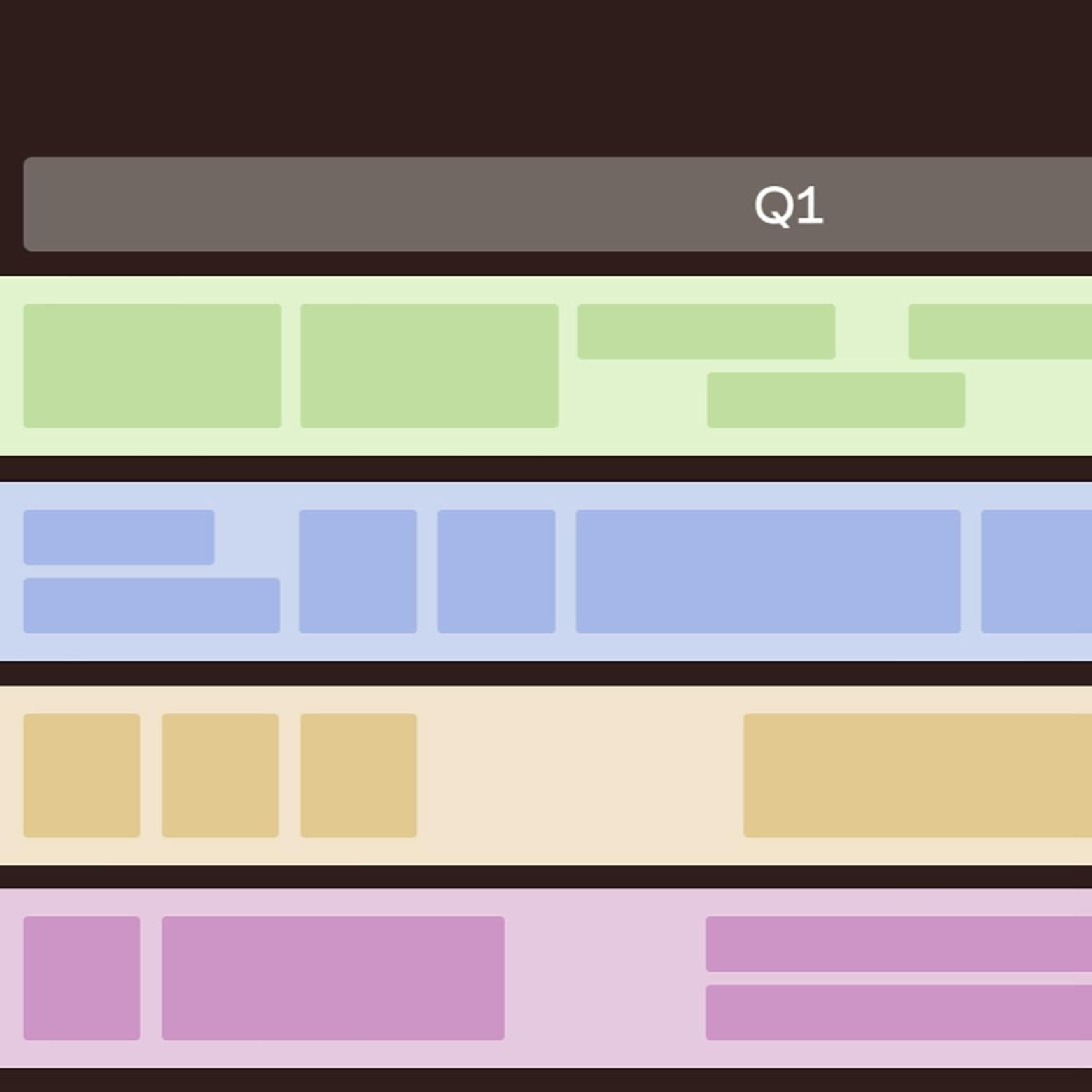 Illustrated gant charts in green, blue, yellow, and purple colors titled Q1