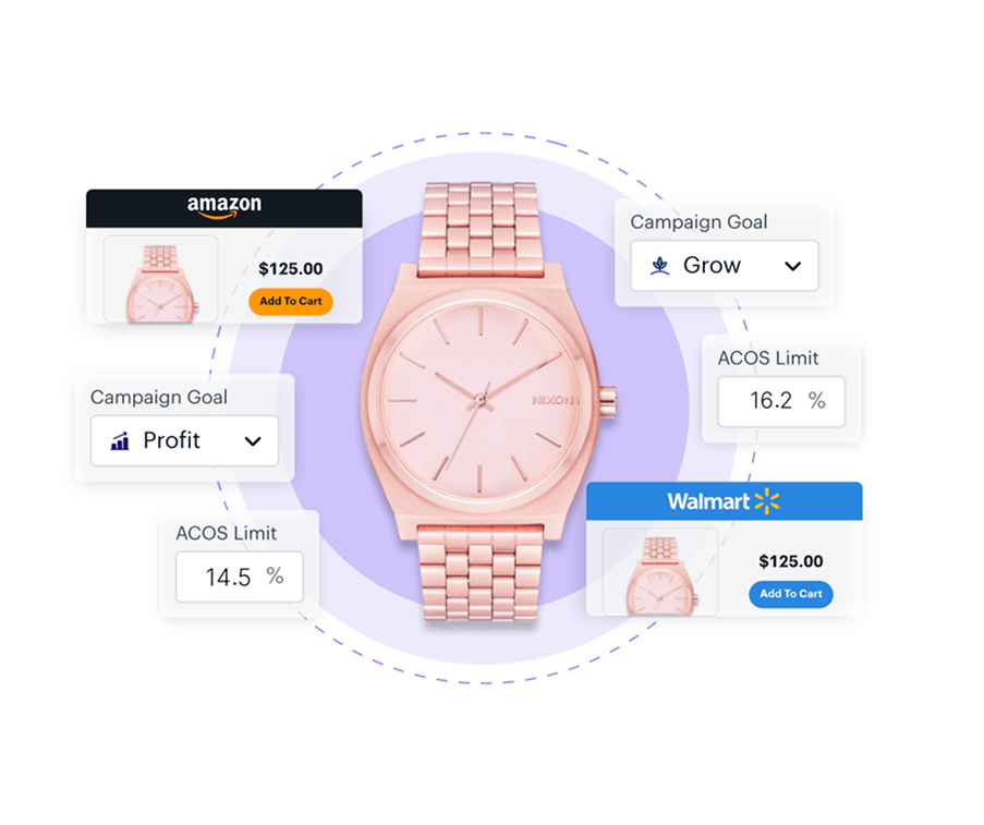 A rose gold watch with campaign goal inputs surrounding it