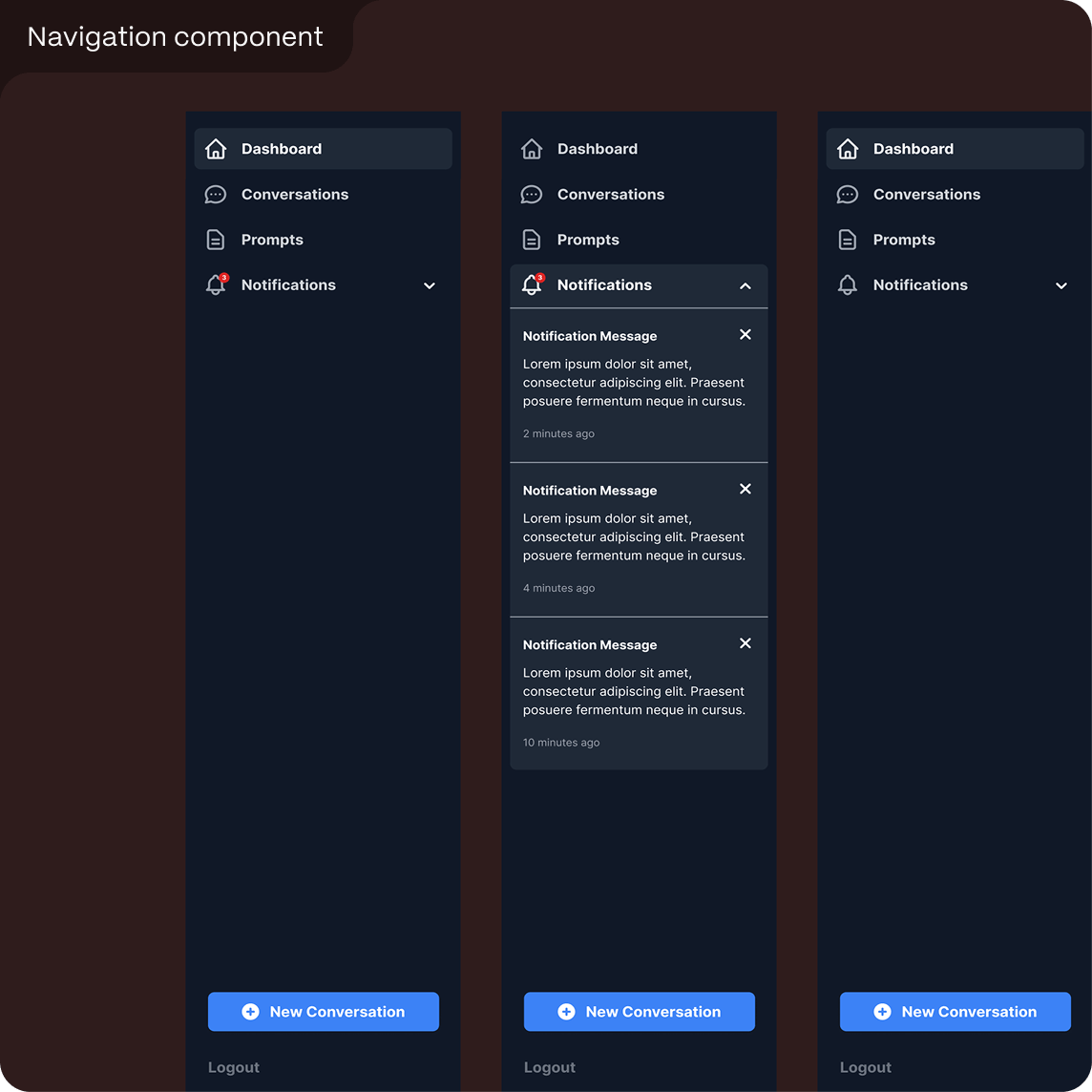 Three views of a navigation sidebar