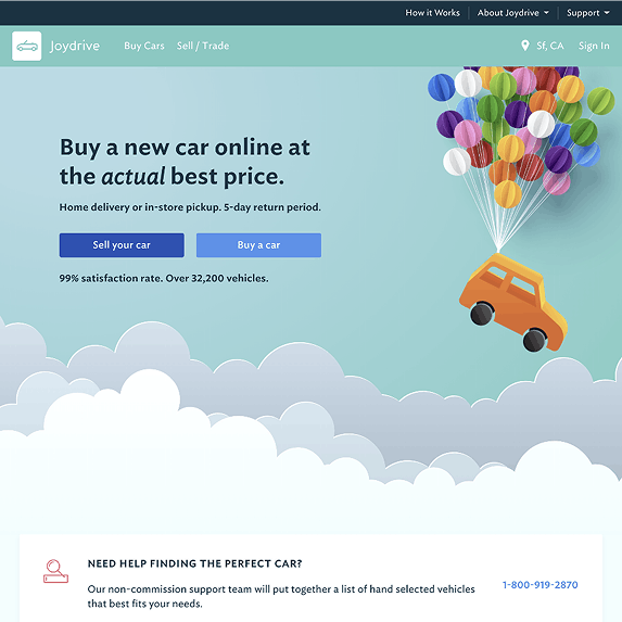 A screenshot from Joydrive's homepage. It is a green background with a cartoon orange car attached to some multi coloured balloons.