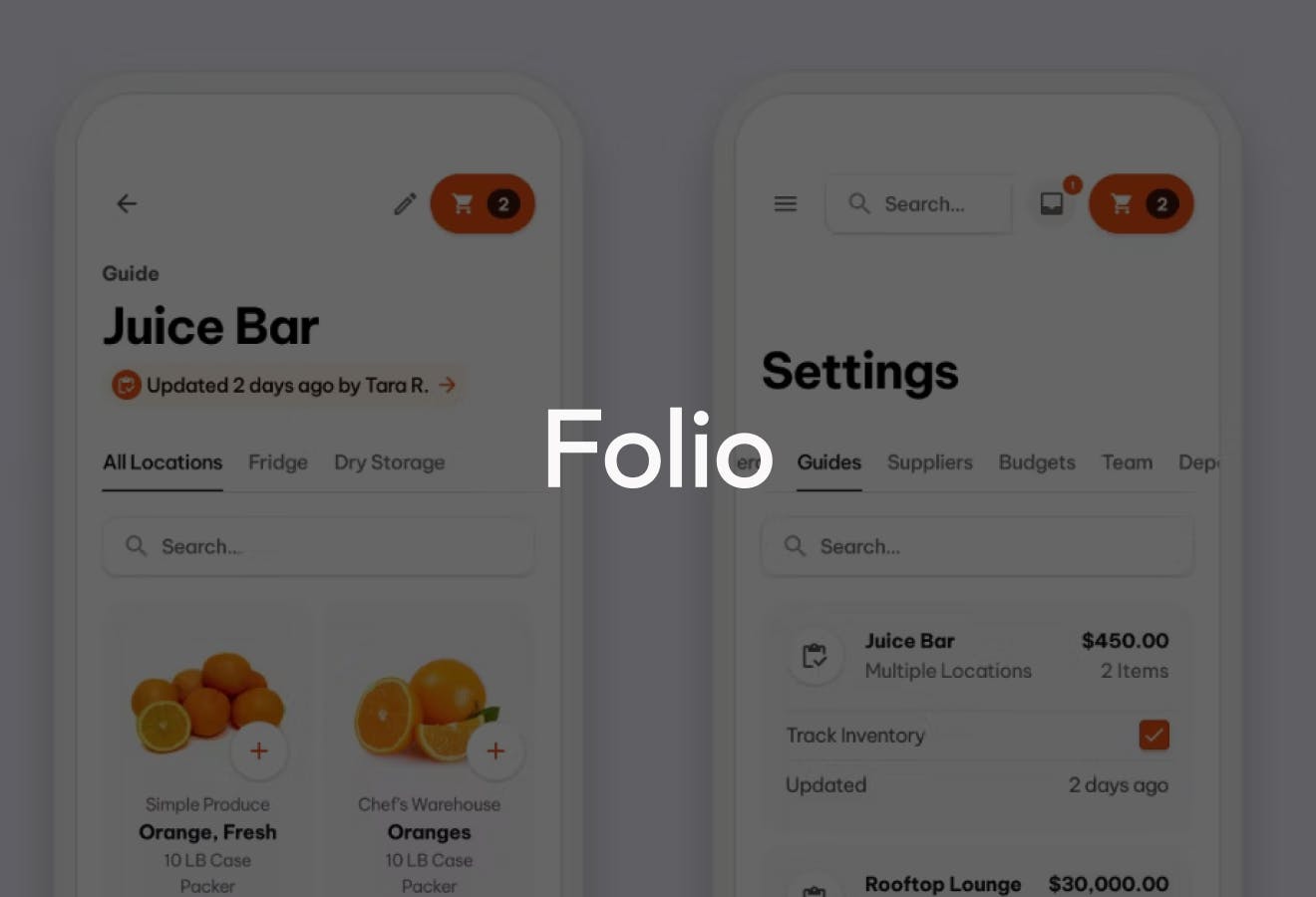 Two side by side phone mockups displaying different screens of the Folio application. The text, "Folio" is overlaid on top.