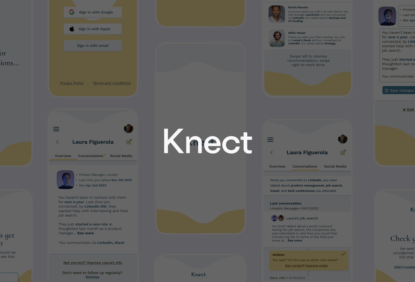 A spread of screenshots of the Knect mobile application. The text, "Knect" is overlaid on top.