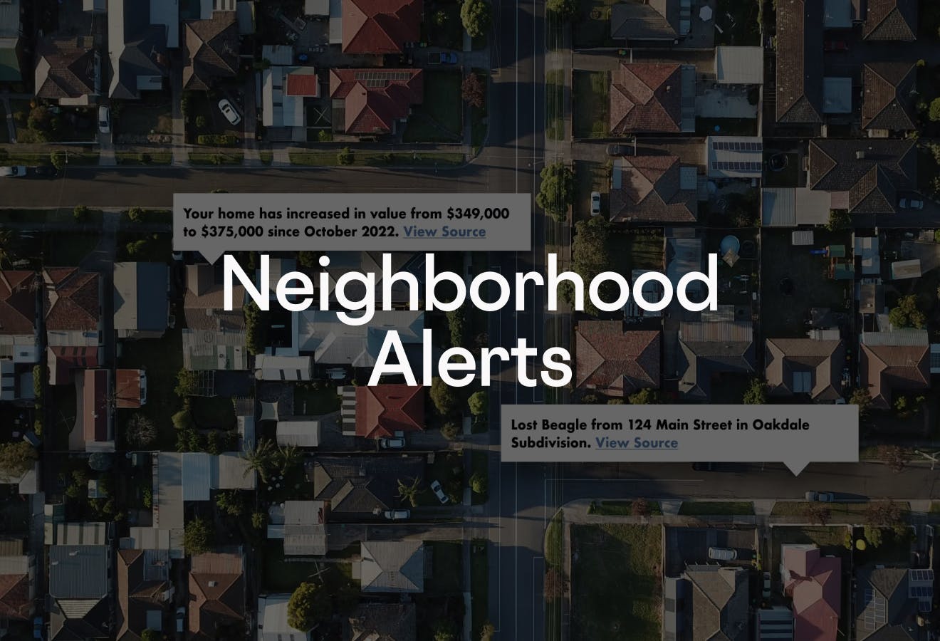 An aerial view of a neighborhood of houses. Chat bubbles appear over houses to show housing related alerts. The text "Neighborhood Alerts" is overlaid on top.