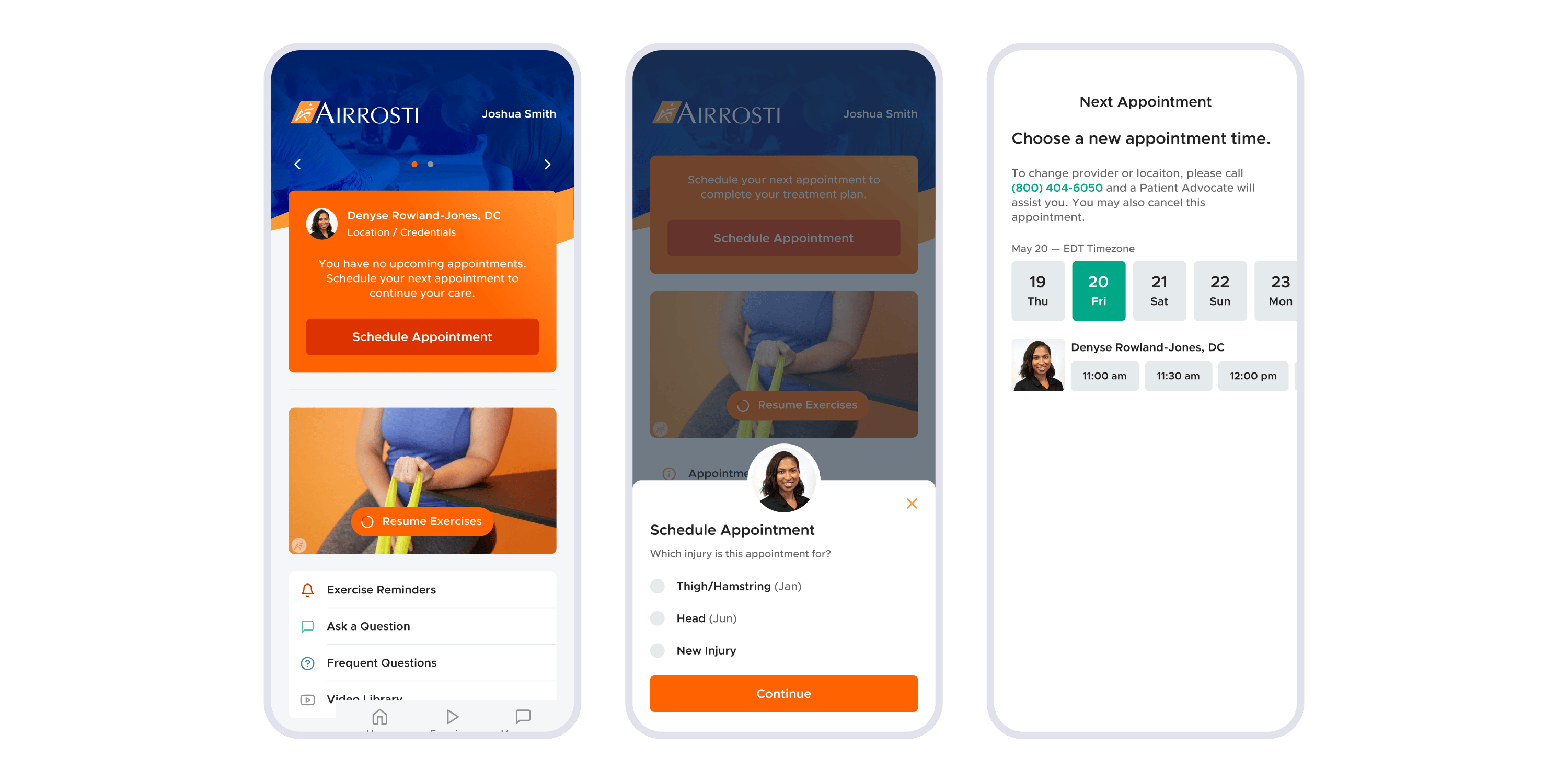 Three consecutive snapshots of the Airrosti mobile app. The snapshots show the user's journey through scheduling an appointment.