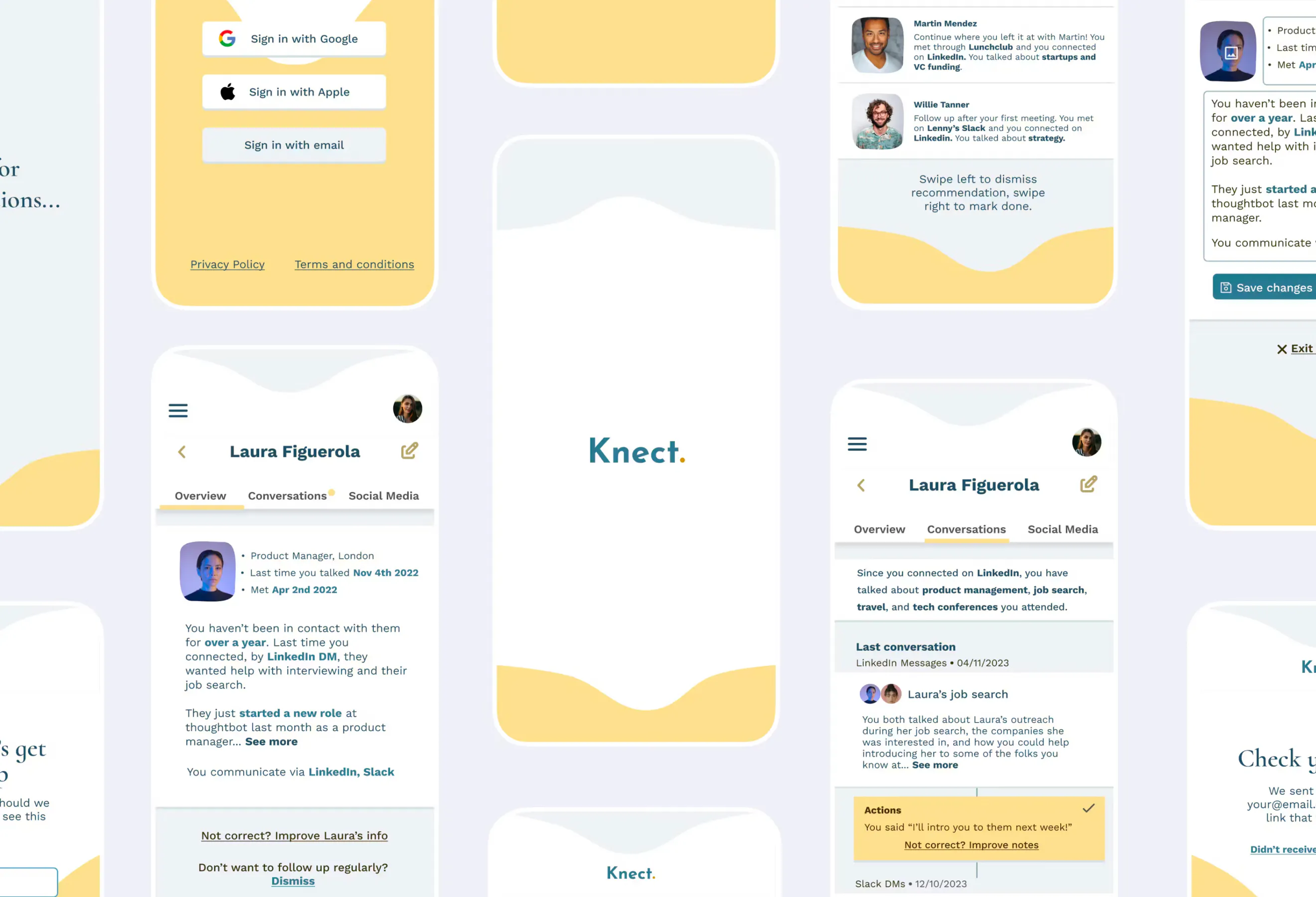 A collage of screenshots of the Knect app, showing loading screens, login screens, and conversation screens. The screens are alternately stacked with some going off the page against a gray background.