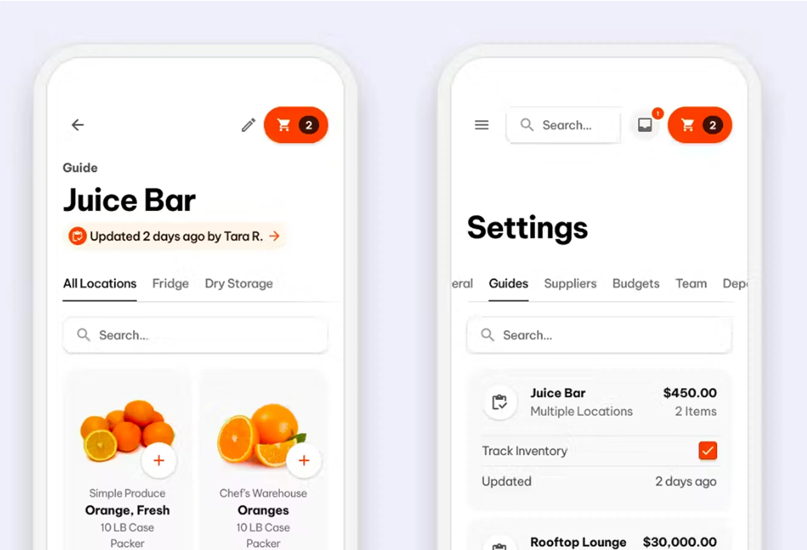 2 side-by-side screens from the Folio app against a gray background. One has a title of Juice bar with a search bar and various fruits below it. The other is a settings page.