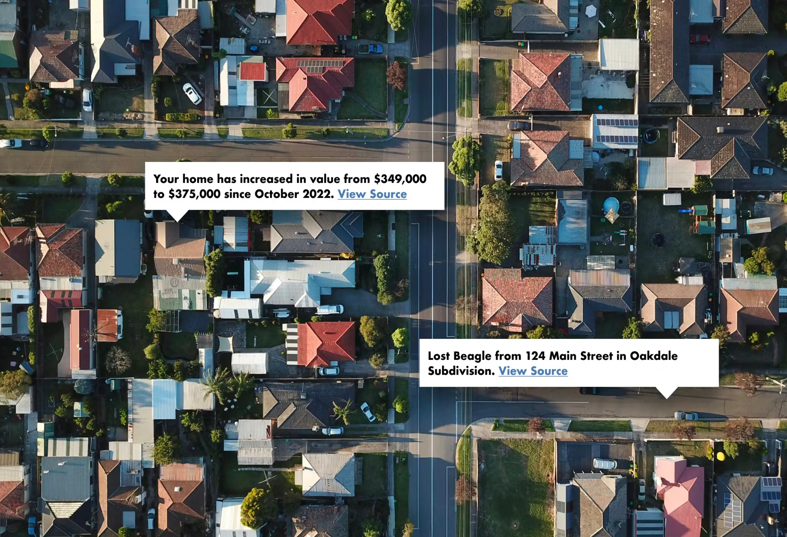 An aerial view of a clustered houses wiht a few streets. Overlaid are two text bubbles that read 'Your home has increased in value from $349,000 to $375,000 since October 2022. View Source' and 'Lost Beagle from 124 Main Street in Oakdale Subdivision. View Source'.