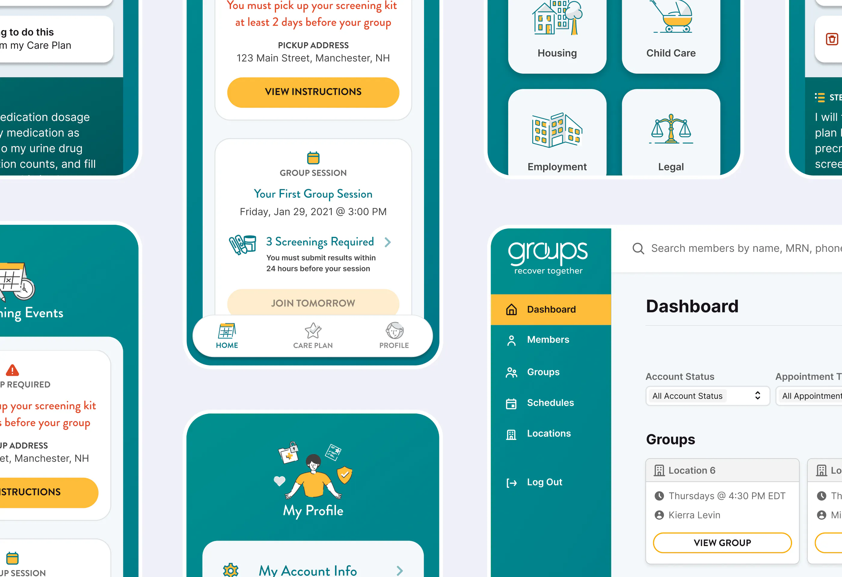 A collage of screens from the Groups Recover together app