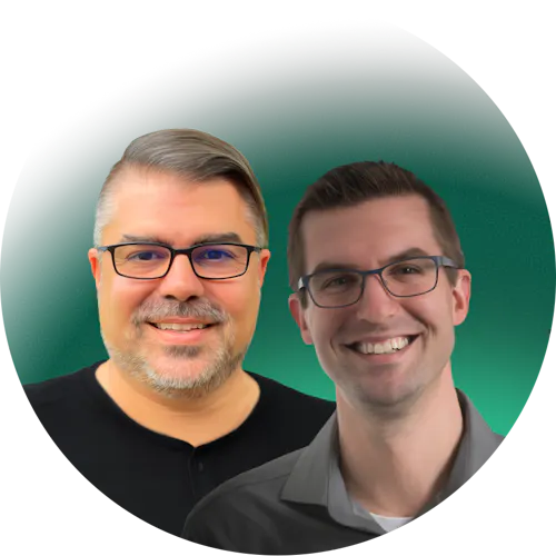 Portrait photography of Chad Pytel and Louis Antonopoulos contained within a circle with a green gradient background