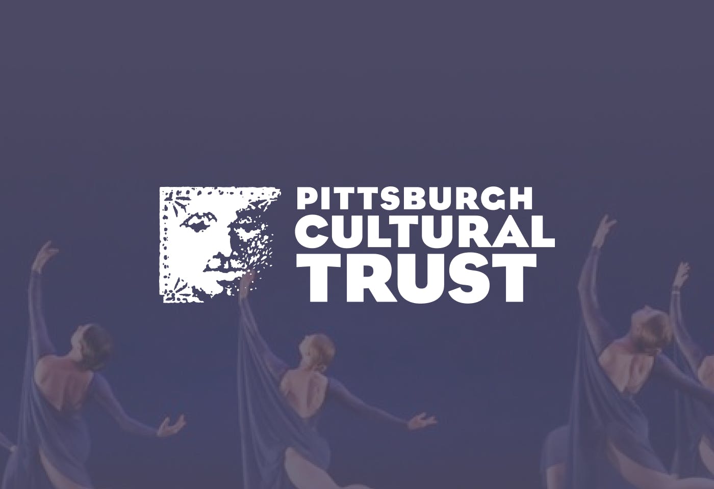 The Pittsburgh Cultural Trust logo on a dark background with a photo of ballet dancers behind it.