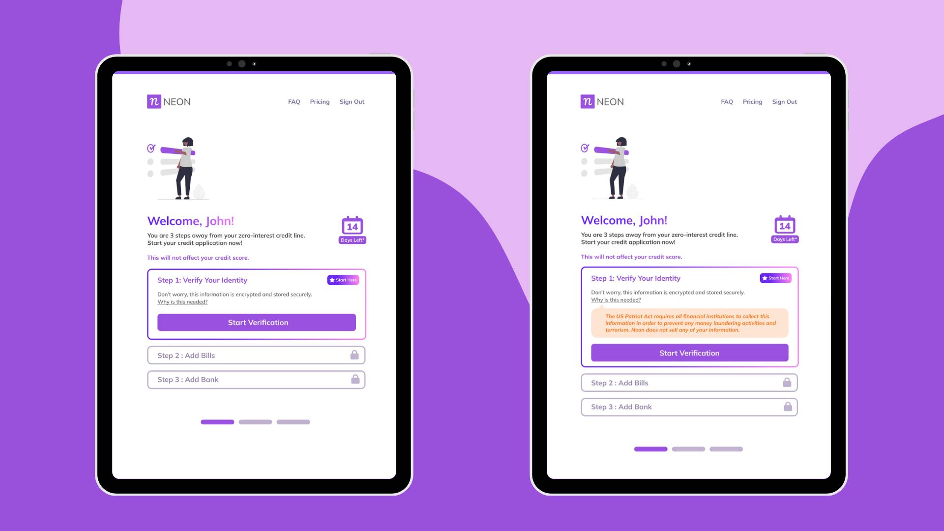 2 versions of the Neon welcome page viewed on tablets, on a pink and purple abstract background
