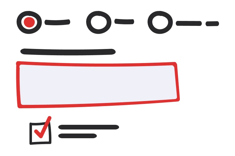 An abstract illustration of a form; the top has three radio buttons, one which is selected; the middle has an input with a label on top; the bottom has a checked checkbox with a label next to it