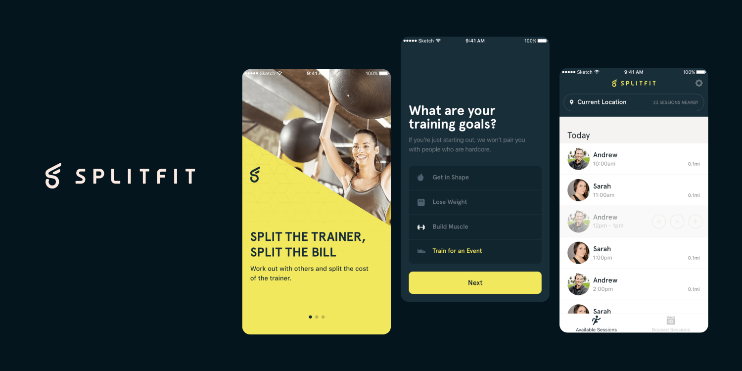 Three screenshots of the SplitFit mobile application