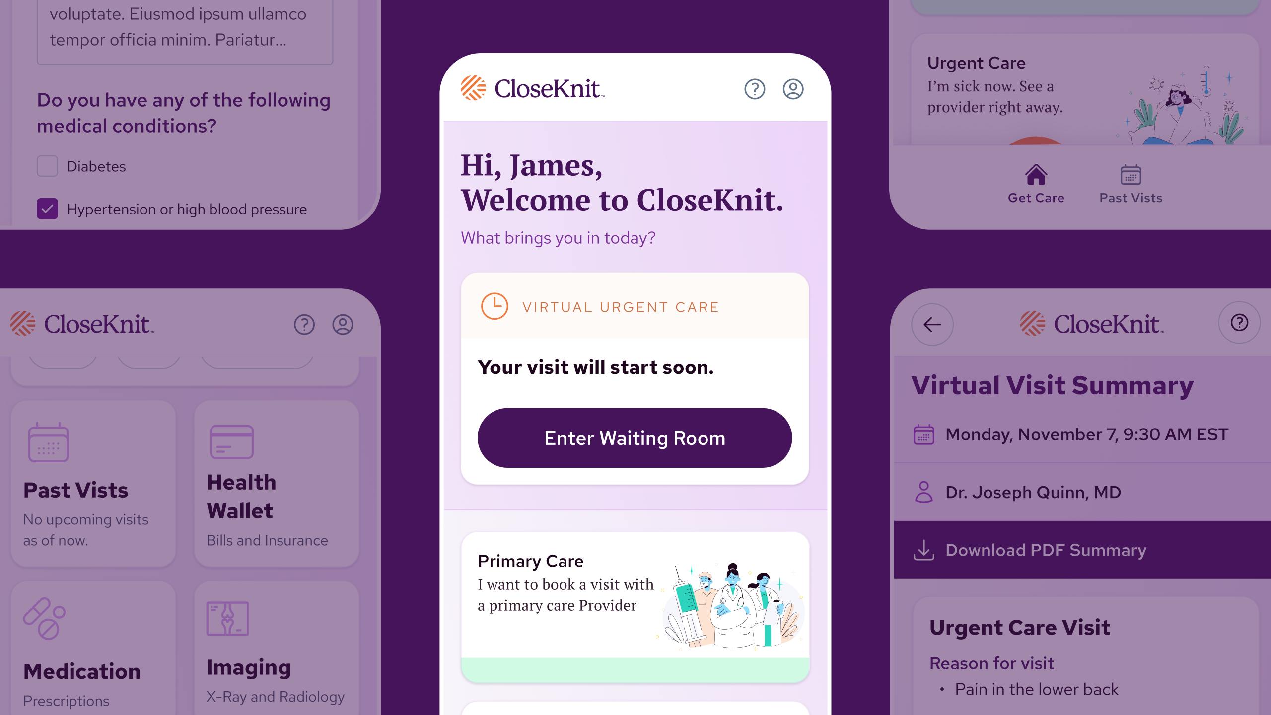 Screenshots of the CloseKnit application on a mobile screen size. The main screenshot says "Hi James, Welcome to CloseKnit" and has an virtual visit care reminder with a button to enter the waiting room.