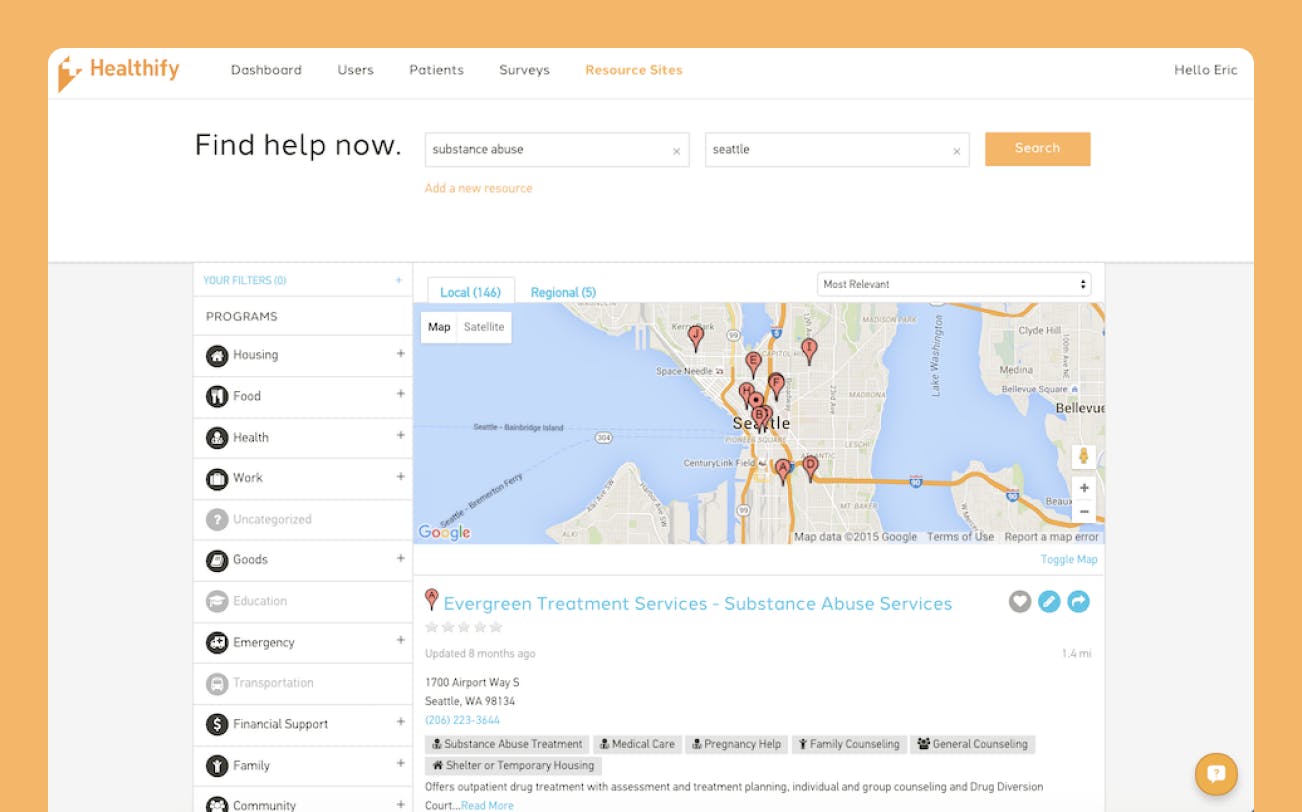 A screenshot of the Find Help Now page on Healthify