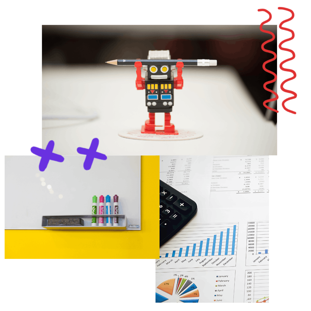collage of a robot figurine, whiteboard and financial charts. 