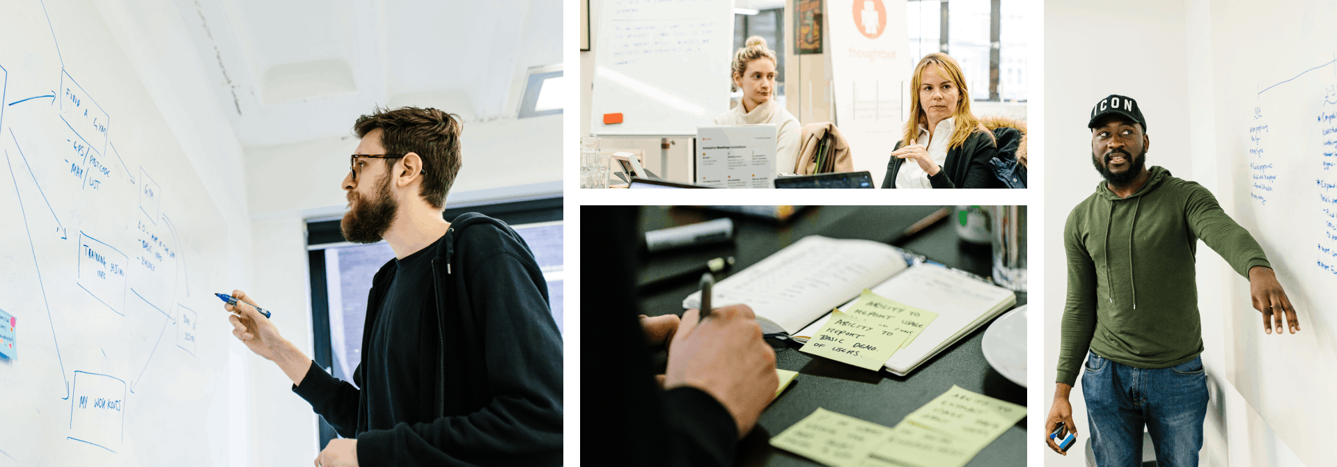 Four photos of the Steel Warriors workshop; a designer drawing on a whiteboard, two people at a meeting room table, someone writing on a post-it, a designer looking and pointing at a whiteboard