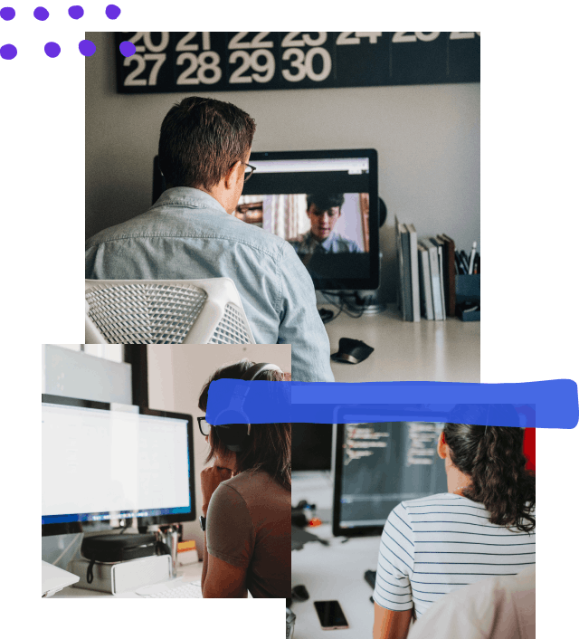 Collage of three photos: a person on a video conference all with two other people; the second is a person at the computer resting their head on their fist; the third is an over the shoulder look at a developer working at their desk
