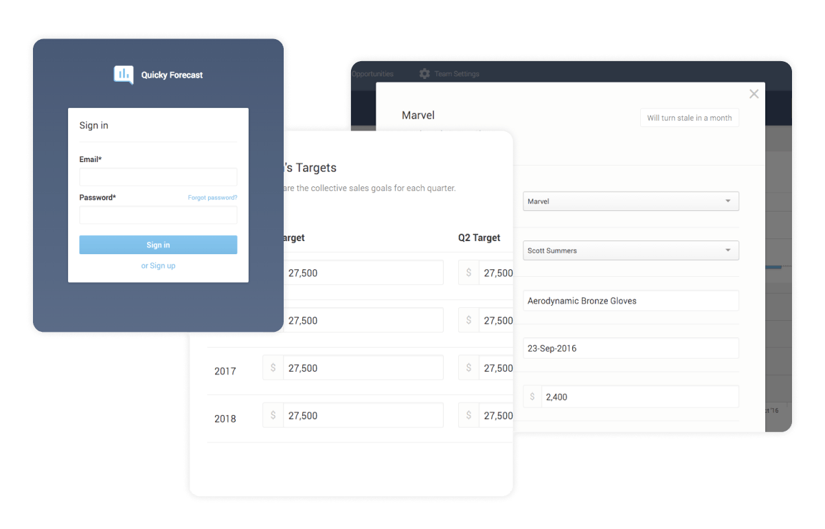 Three screenshots of user interface elements from the Quicky site; the first is a sign in screen, the second is a form to set your team's targets, the third is another input form