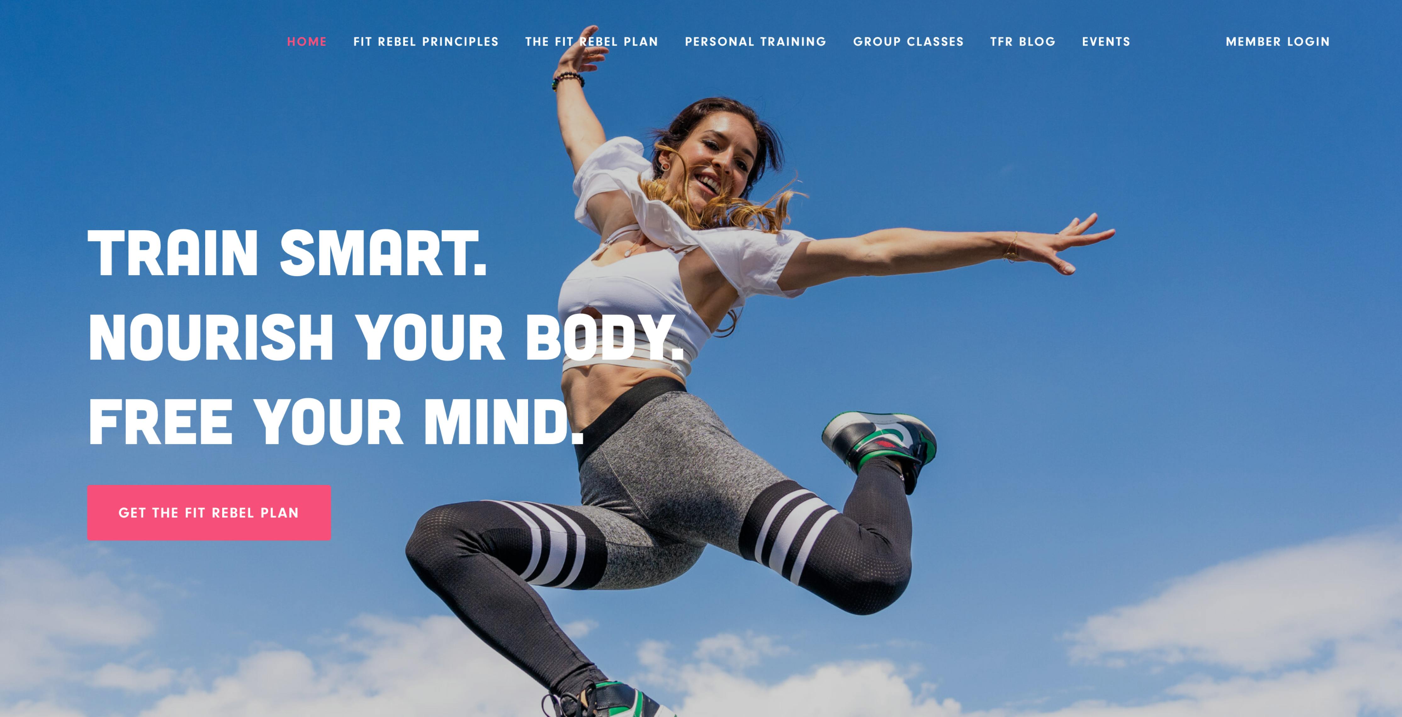 The Fit Rebel homepage with a woman leaping