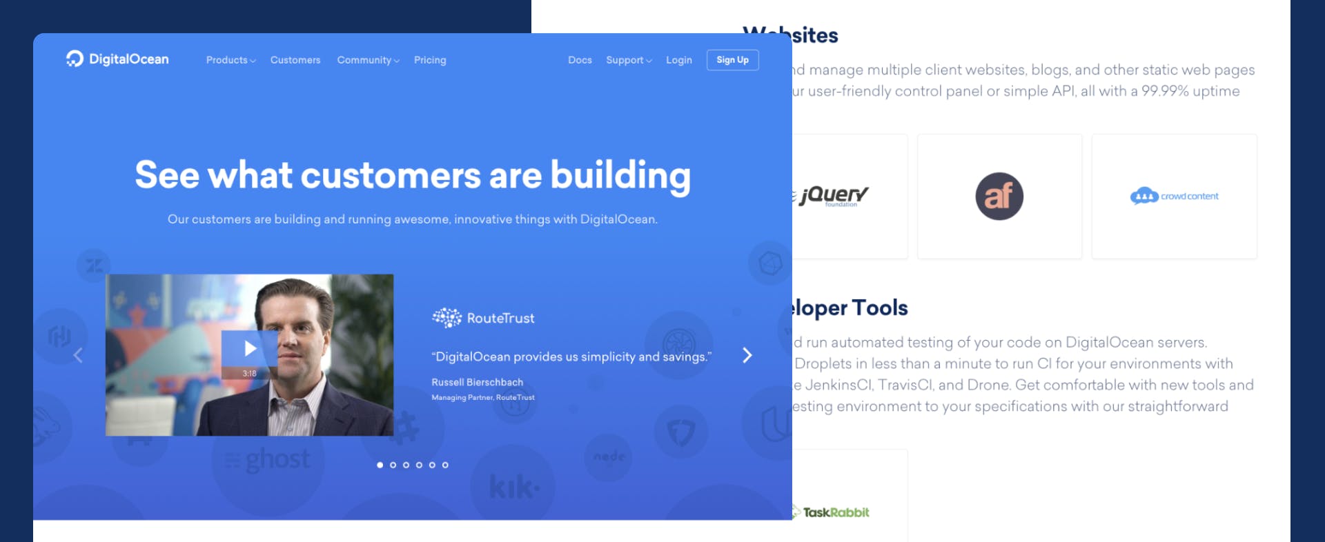 two parts of a DigitalOcean page; the hero and two sections with logos