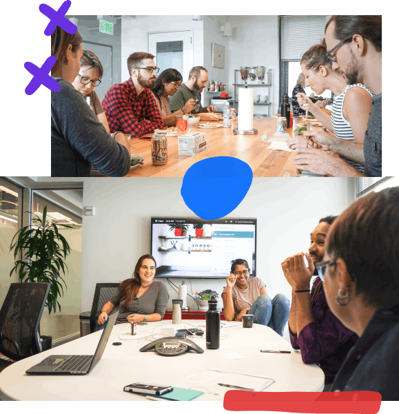 A collage of photos with hand-drawn elements; from top left, a group of people eating lunch together at a large table, four people laughing at a conference table with a TV in the background