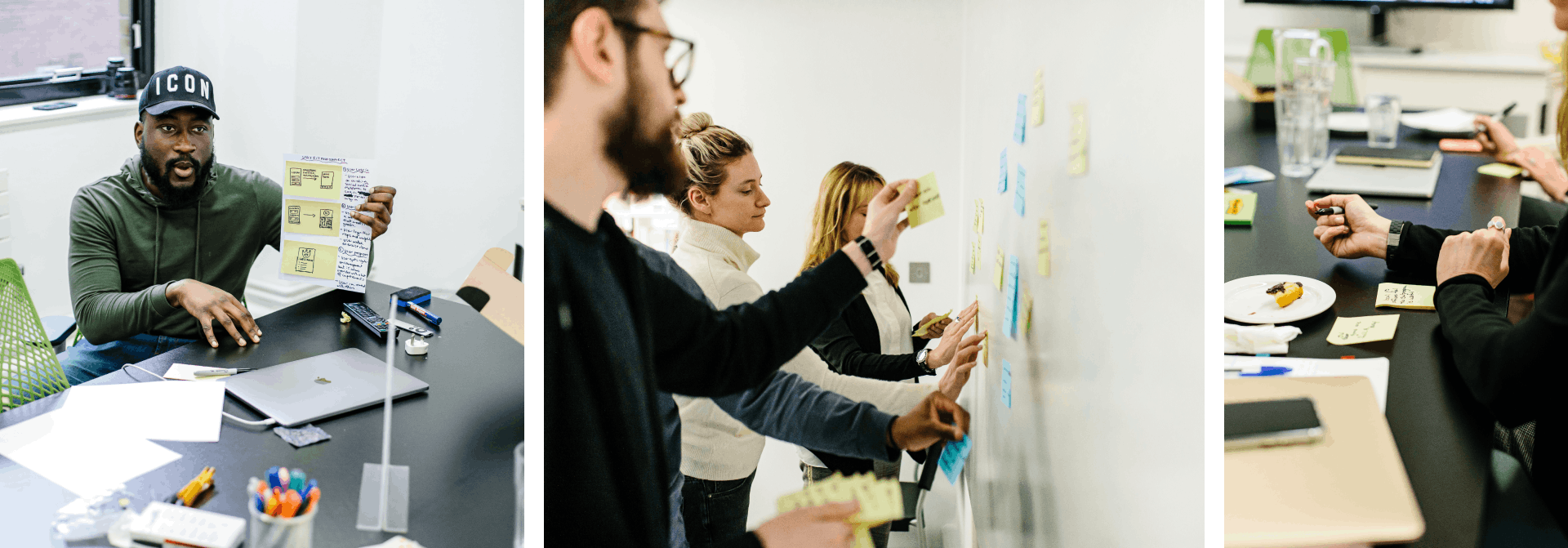 three photos from the Steel Warriors design sprint; a designer holding up a storyboard at a meeting table, three people putting up post-its on a whiteboard, a view of people writing on post-its