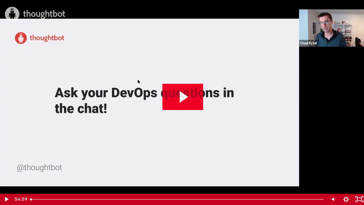 Screenshot of the webinar with slide reading Ask your DevOps questions in the chat! and cameo of Chad Pytel