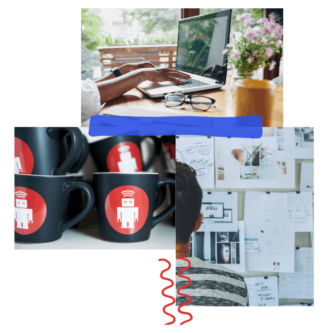 Collage of three photos: thoughtbot teammate working at laptop, a stack of thoughtbot branded mugs, and the back of a developer in front of a pinboard