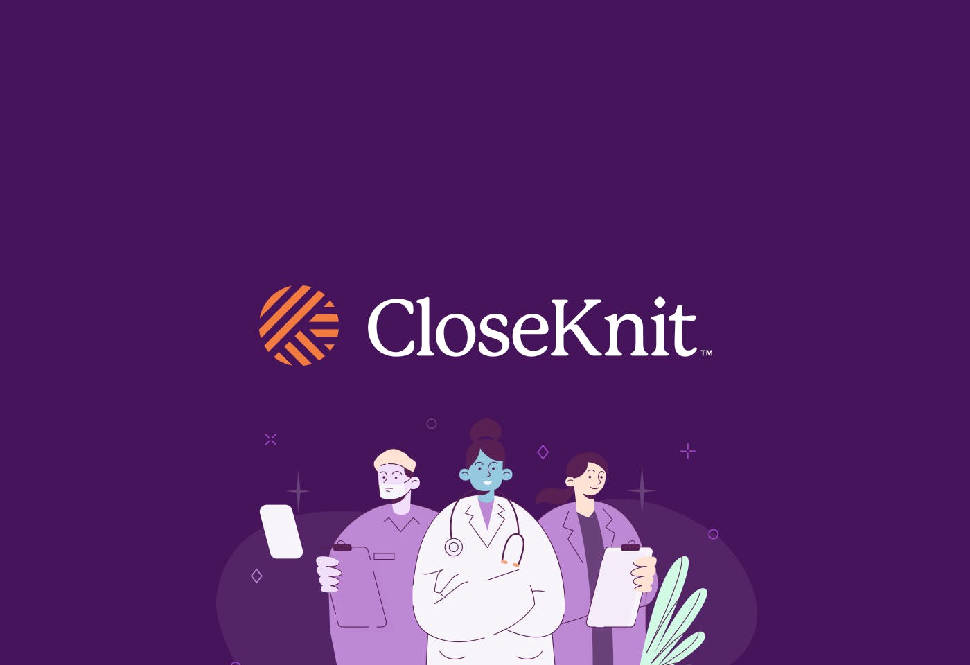 CloseKnit logo is centered on a purple background above an illustration of medical professionals.