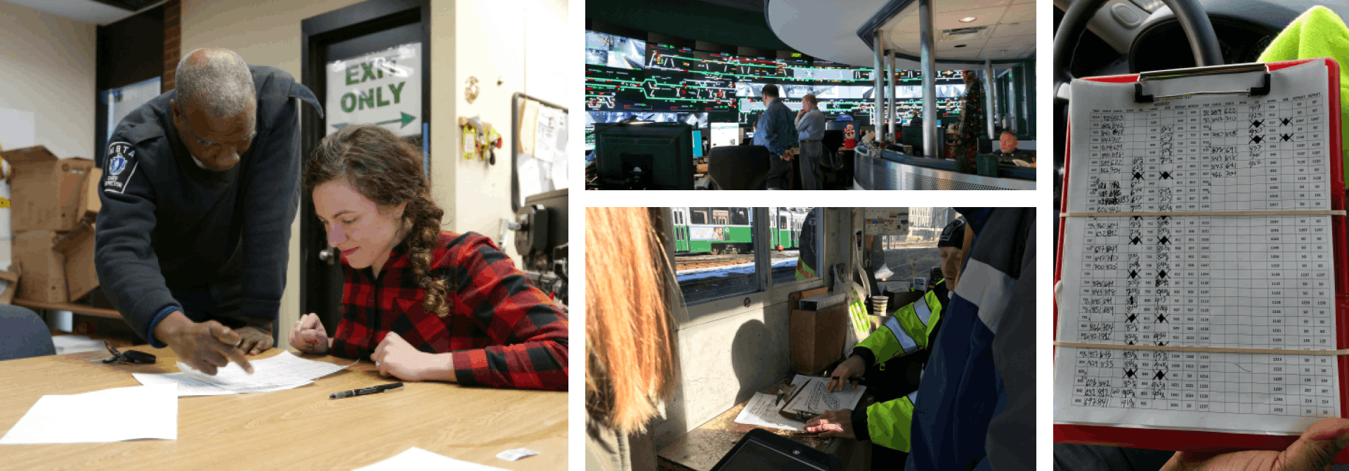 Four photographs of the research conducted; A designer sits down as a MBTA official describes a paper form on a table, the MBTA command room with wrap around screens; a Green Line conductor explaining a form, a paper form from the MBTA attached to a clipboard