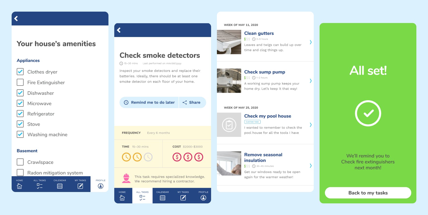 Four screens from the app; an amentities screen, a checklist of amenities for a house, a list of tasks, a confirmation screen